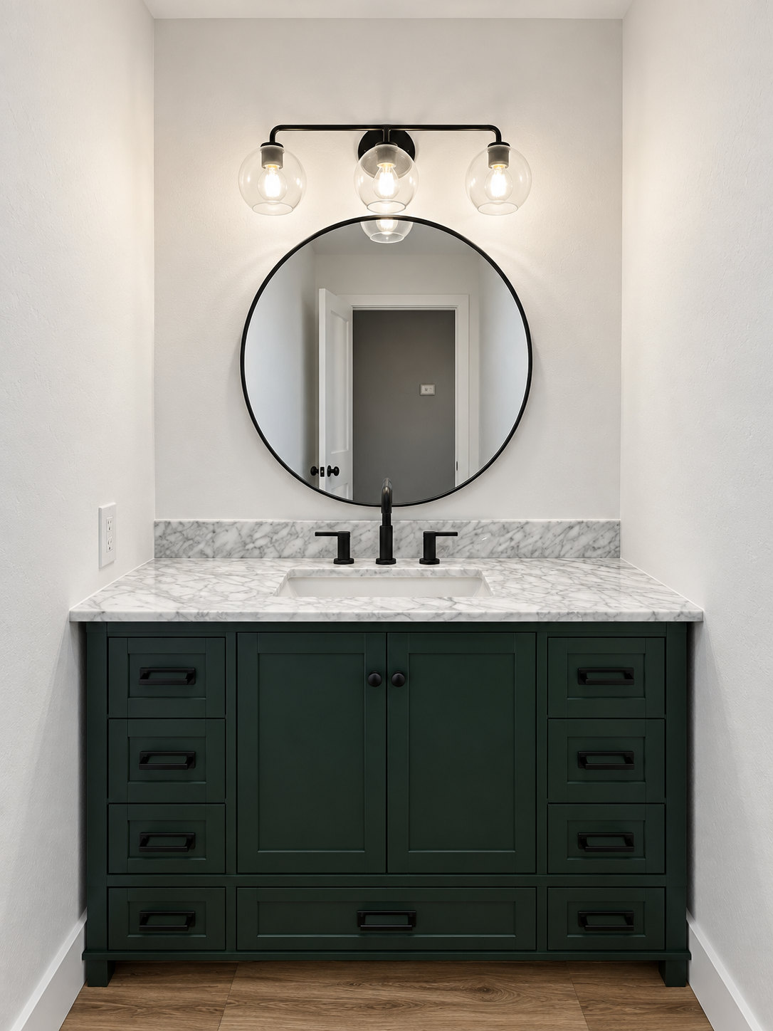 Green vanity with stone counter